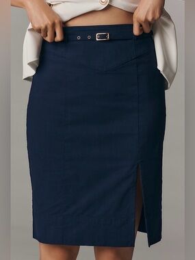 Anthropologie Navy Belted Pencil Skirt Slit Front NWT Size Medium